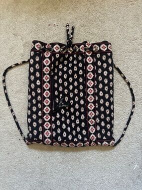 Vera Bradley Black Quilted Drawstring Backpack with Maroon and Cream Accents